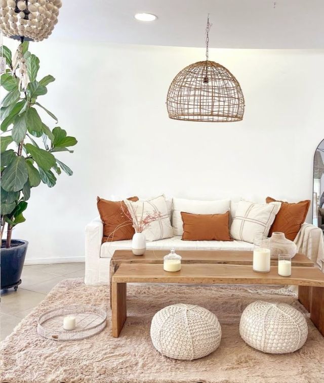 Living con lámpara de mimbre y almohadones teja